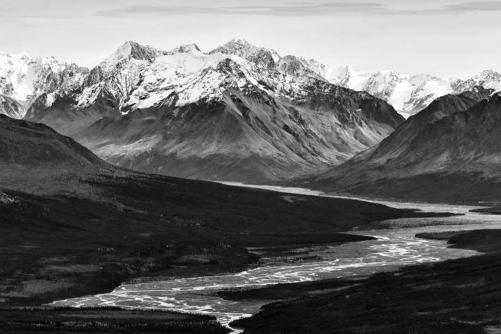 Black and white river and mountain